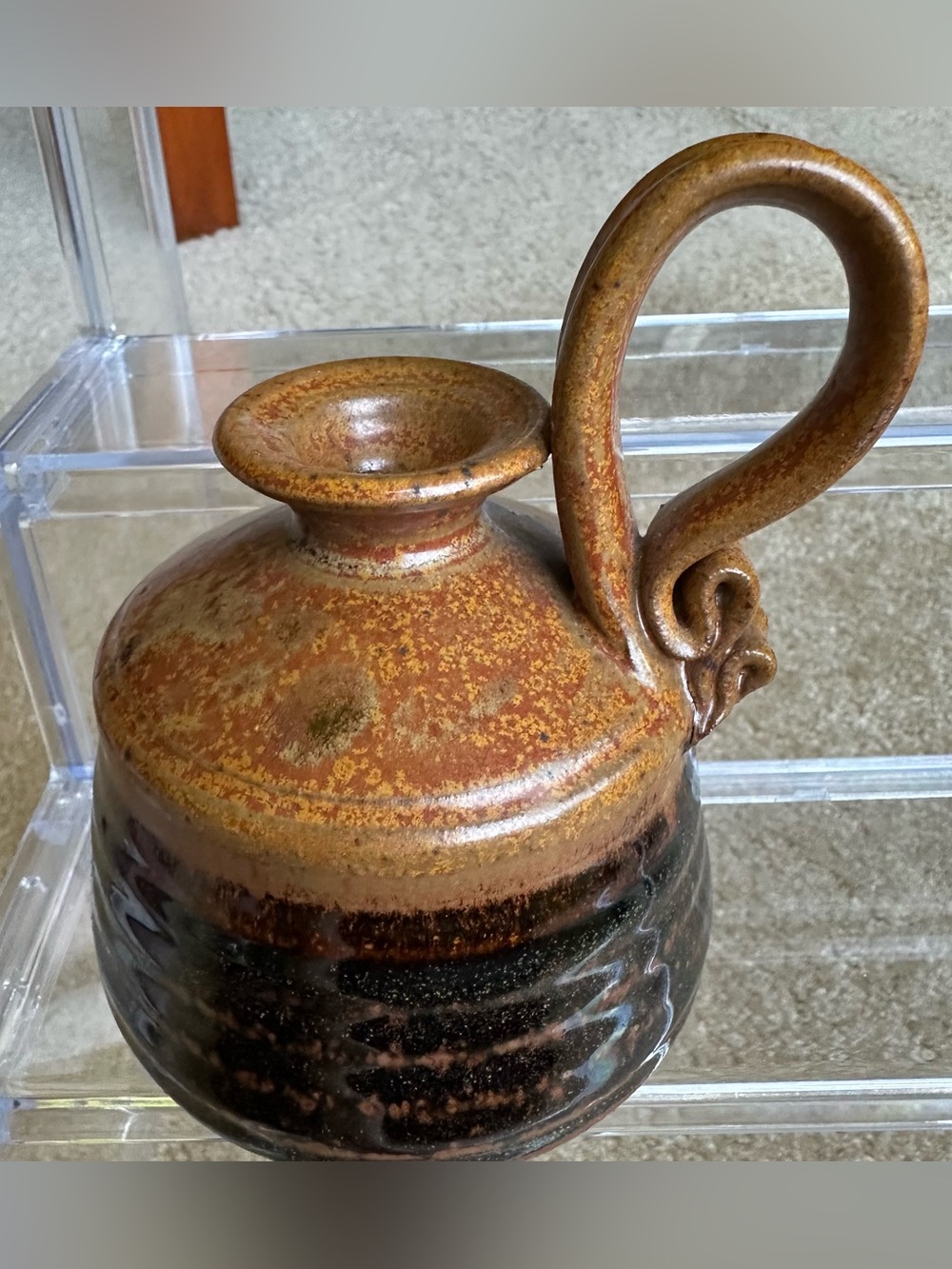 Signed Studio Pottery Taper Candle Holder Chamberstick Loop Handle